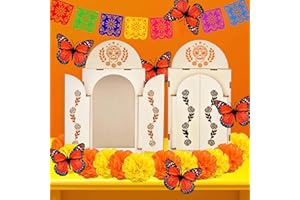 sicutoz Day of The Dead Ofrenda Altar Kit – 2 Ofrenda Shadow Boxes, 12 Marigold Flowers, 6 Monarch Butterflies, Papel Picado Banners – DIY Memorial Altar Set for Dia de Los Muertos