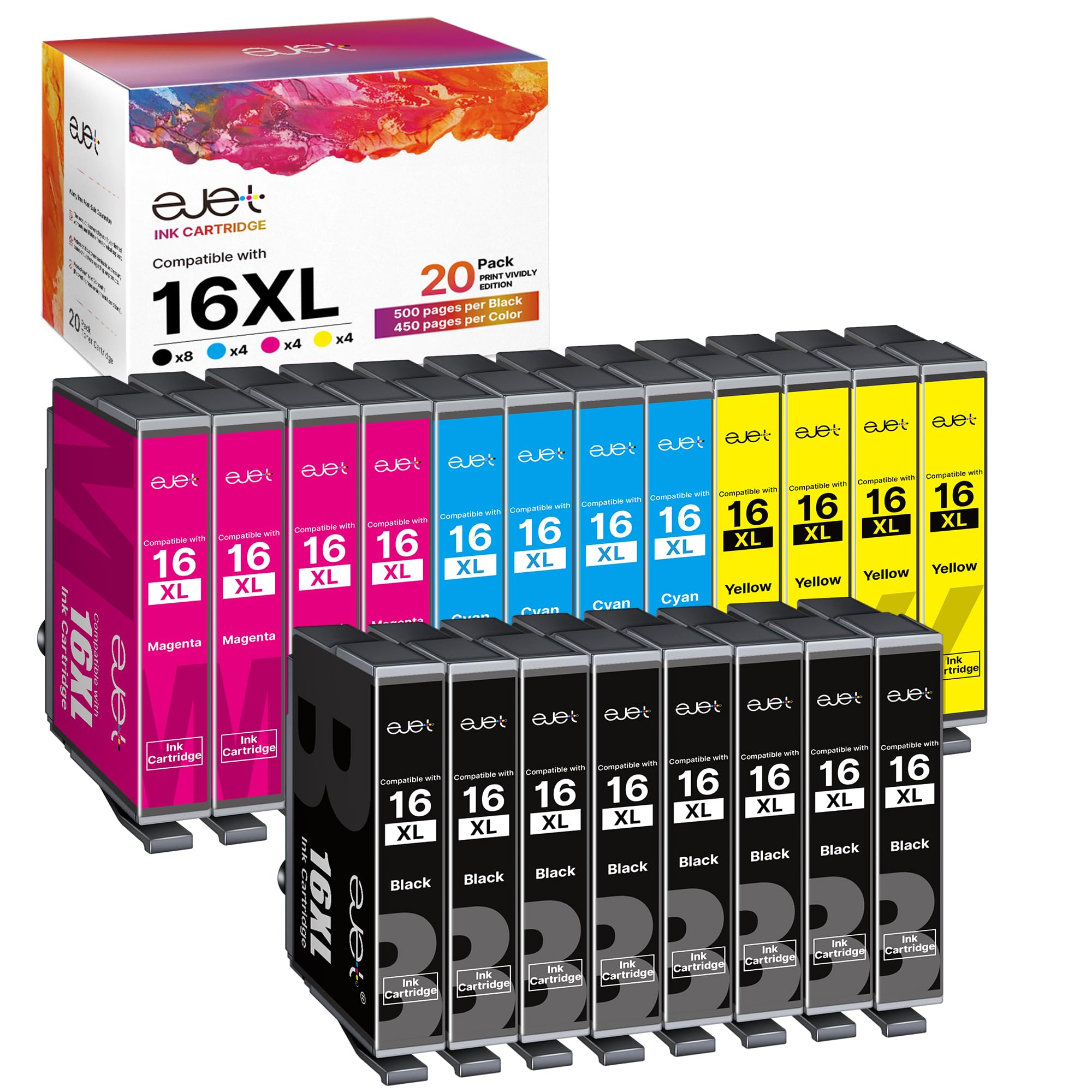 ejet 20-Pack 16XL Ink Cartridges Multipack Replacement for Epson 16 XL Compatible with Workforce WF-2760 WF-2750 WF-2660 WF-2650 WF-2630 WF-2540 WF-2510 (8Black, 4Cyan 4Magenta 4Yellow)