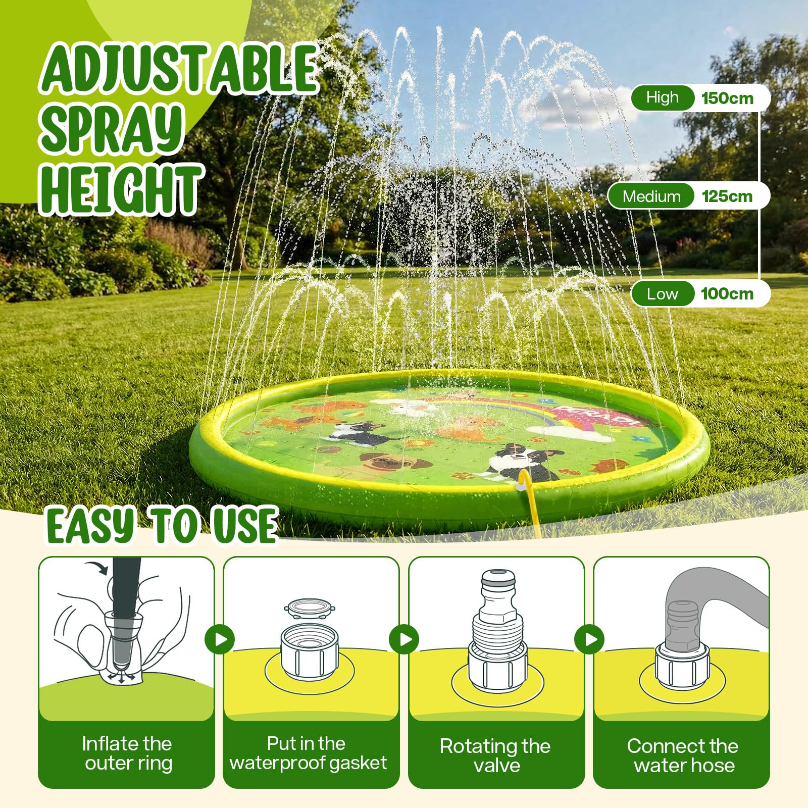 Peradix Splash Pad,Sprinkler Wasser-Spielmatte Anti-Rutsch Splash Play Matte Sommer Outdoor Garten Kinder Spielzeug Sprinklerpool für Baby Party Outdoor 7