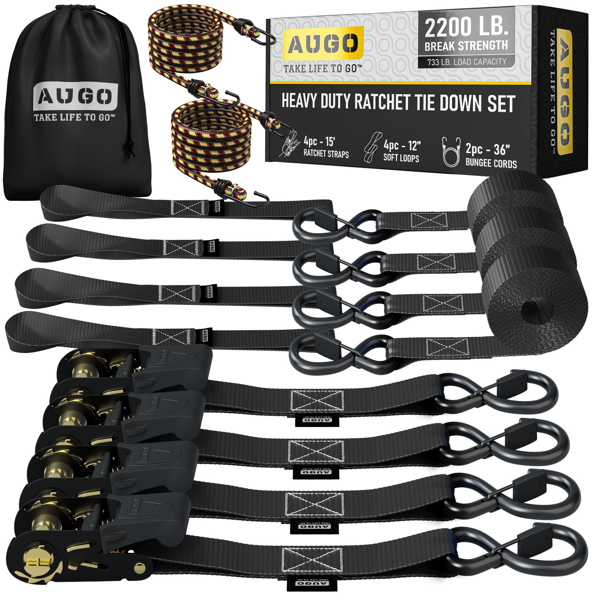 AUGO Ratchet Tie Down Straps –4 PK– 4.5m – 1000 KG Break Strength – Safety Lock S Hooks –for Moving Cargo, Appliances, Lawn Equipment, Motorcycle – Includes 2 Bungee Cords, 4 Soft Loops, Storage Bag