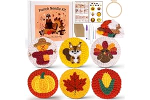 Sukhumvit 6PCS Thanksgiving Punch Needle Coaster Kit, Beginner Fall Punch Needle Set with 6 Tufted Pattern, Yarn, Hoop & Pad, Starter DIY Embroidery Car Coasters Kit for Tufted Craft Thanksgiving Gift