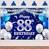 Happy 88th Birthday Banner Backdrop Navy Blue Balloons Confetti Stripe Flag Light Spots Cheers to 88 Years Old Theme Decorations Decor for Women Men 88th Birthday Party Bday Supplies Glitter Silver