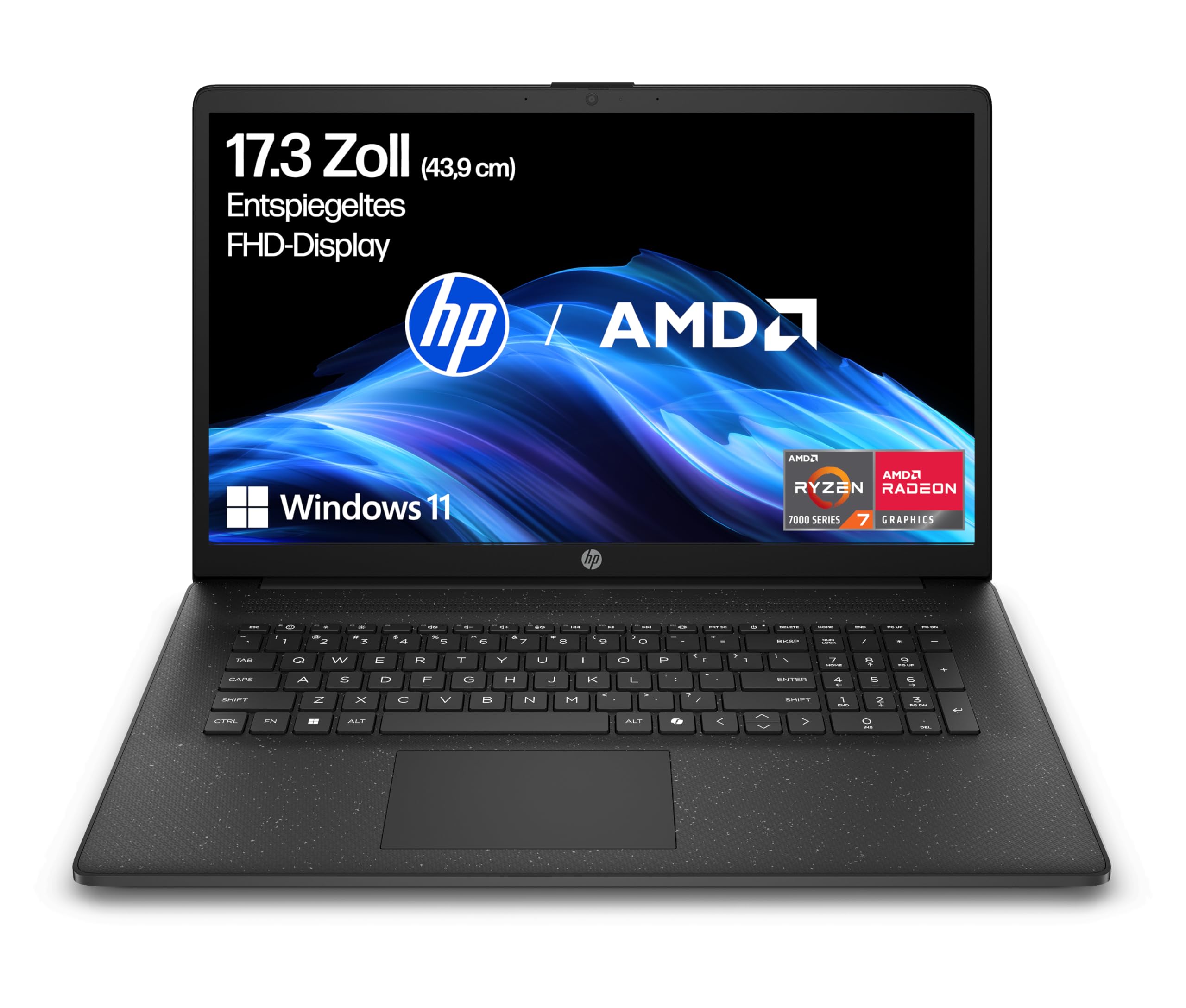 HP Laptop mit 17,3" FHD Display, AMD Ryzen 7 7730U, 16 GB DDR4 RAM, 512 GB SSD, AMD Radeon-Grafik, Windows 11, QWERTZ, Schwarz inkl. 25 GB Dropbox-Speicher für 12 Monate