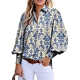 Astylish Women Loose V-Neck Shirts Paisley Print Lantern Sleeve Blouse Boho Tops