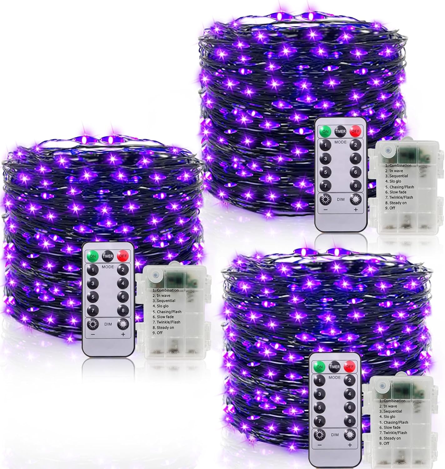 String Lights - 3 Set Halloween String Lights with Timer, Waterproof, Remote,8 Modes,Purple Battery Powered Copper Wire Fairy Lights, Halloween Decoration Outside Yard Party Home Indoor Outdoor, 20 Ft 60 LED Each