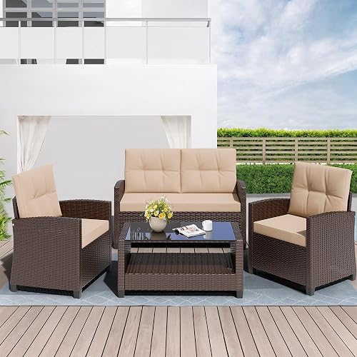 Shintenchi 4 Piece Patio Furniture Set, Outdoor Rattan Conversation Set with Coffee Table, Outside Wicker Sectional Sofa Couch with Cushion, Brown and Khaki