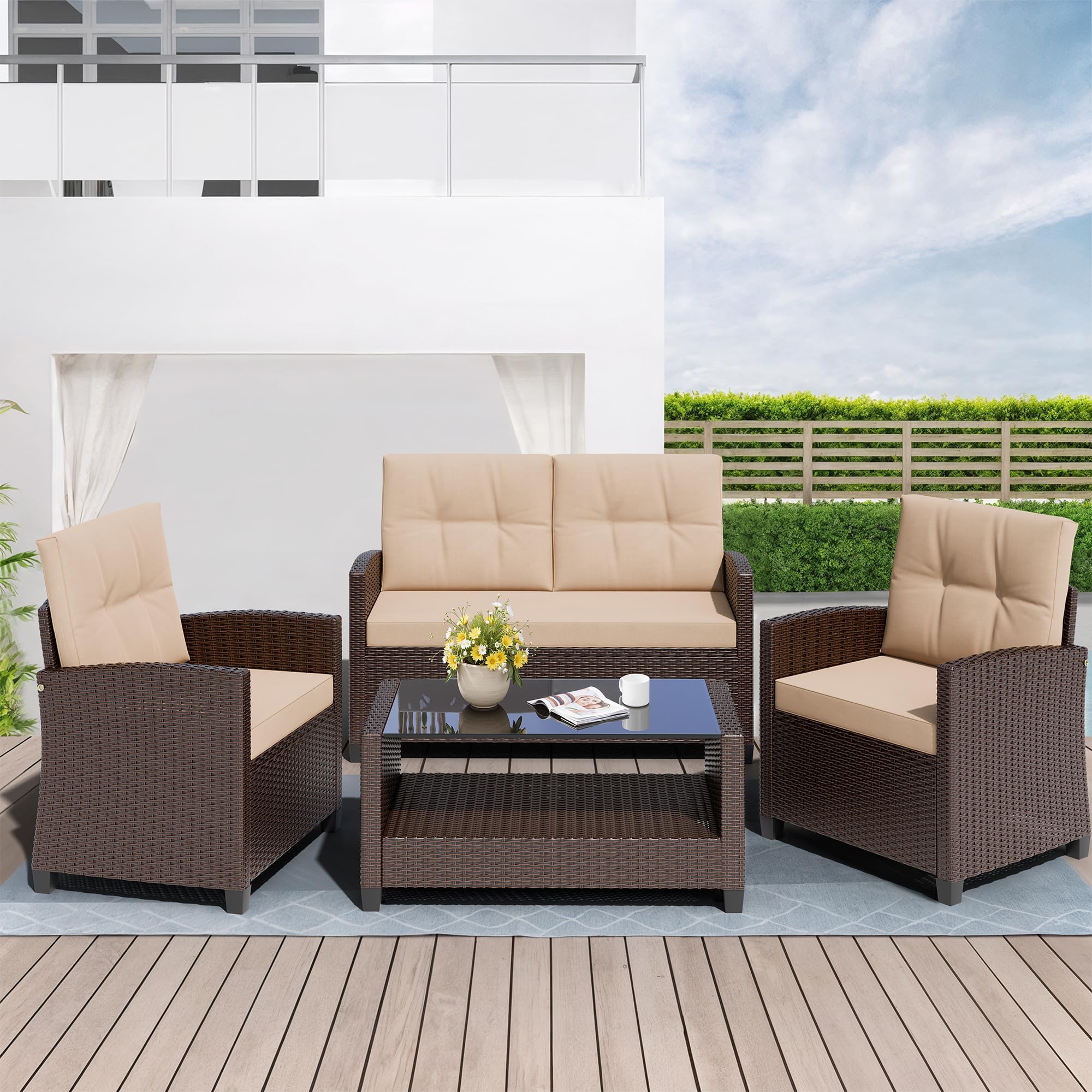 Photo 1 of ** FOR PARTS ONLY **
Shintenchi 4 Piece Patio Furniture Set, Outdoor Rattan Conversation Set with Coffee Table, Outside Wicker Sectional Sofa Couch with Cushion, Brown and Khaki