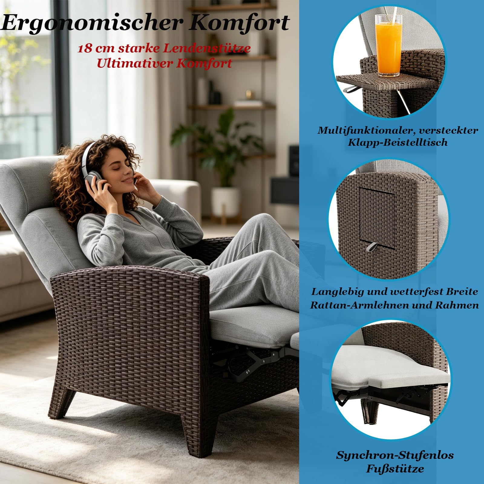 Outdoor Relaxsessel mit Klappbarem Seitentisch, 150° Verstellbarer Polyrattan Liegesessel mit Fußstütze & Kissen, Gartenliege für Innen & Außen,Terrassenstuhl für Balkon Garten Poolbereich (1Stuhl+1T) 4