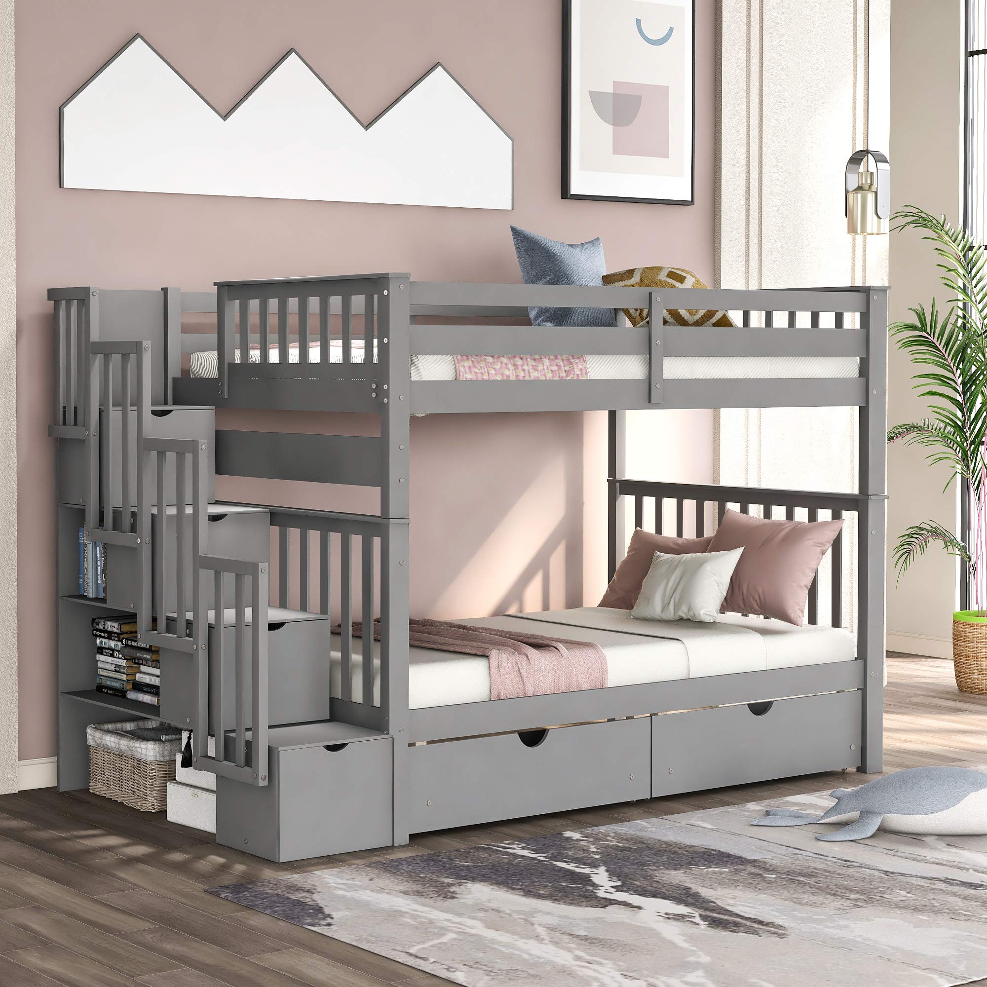Photo 1 of ---------------- PARTIAL SET ---------------- Ball & Cast Full Over Full Bunk Bed with Shelves and 6 Storage Drawers,Wood Bunkbed w/Stairway & Full-Length Guardrails,Into 2 Individual Beds,Bedframe Furniture for Student Dorms,White