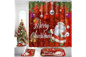 Poedist Christmas Bathroom Set Decor,Shower Curtain Sets with Rugs(Bath Mat,U Shape & Toilet Lid Cover Mat),with 12 Hooks,Christmas Cute Santa Claus