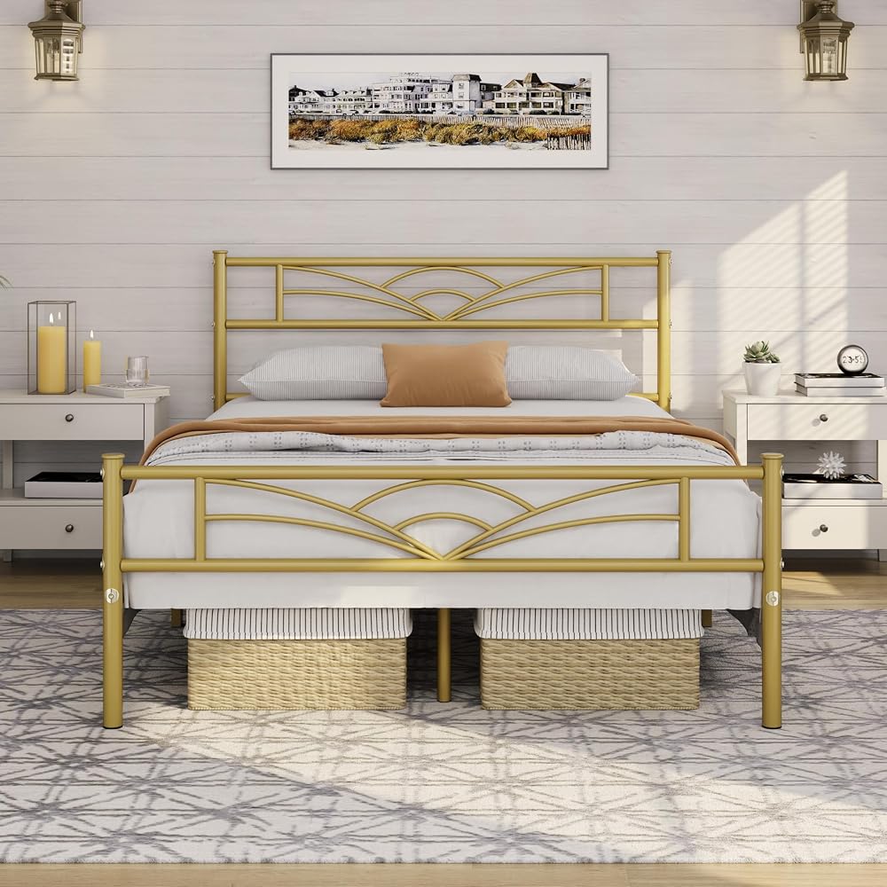Yaheetech 4ft6 Double Bed Frame Cloud Headboard Metal Slats 363kg Gold