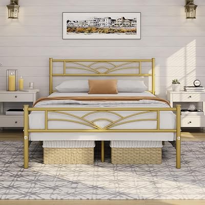 Yaheetech 4ft6 Double Bed Frame Cloud Headboard Metal Slats 363kg Gold