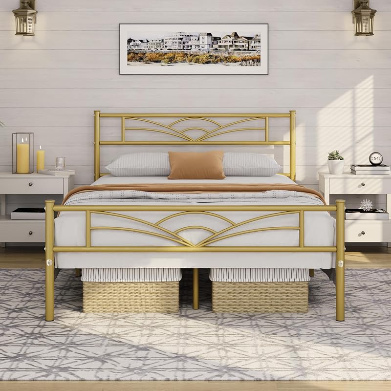 Yaheetech 4ft6 Double Bed Frame Cloud Headboard Metal Slats 363kg Gold