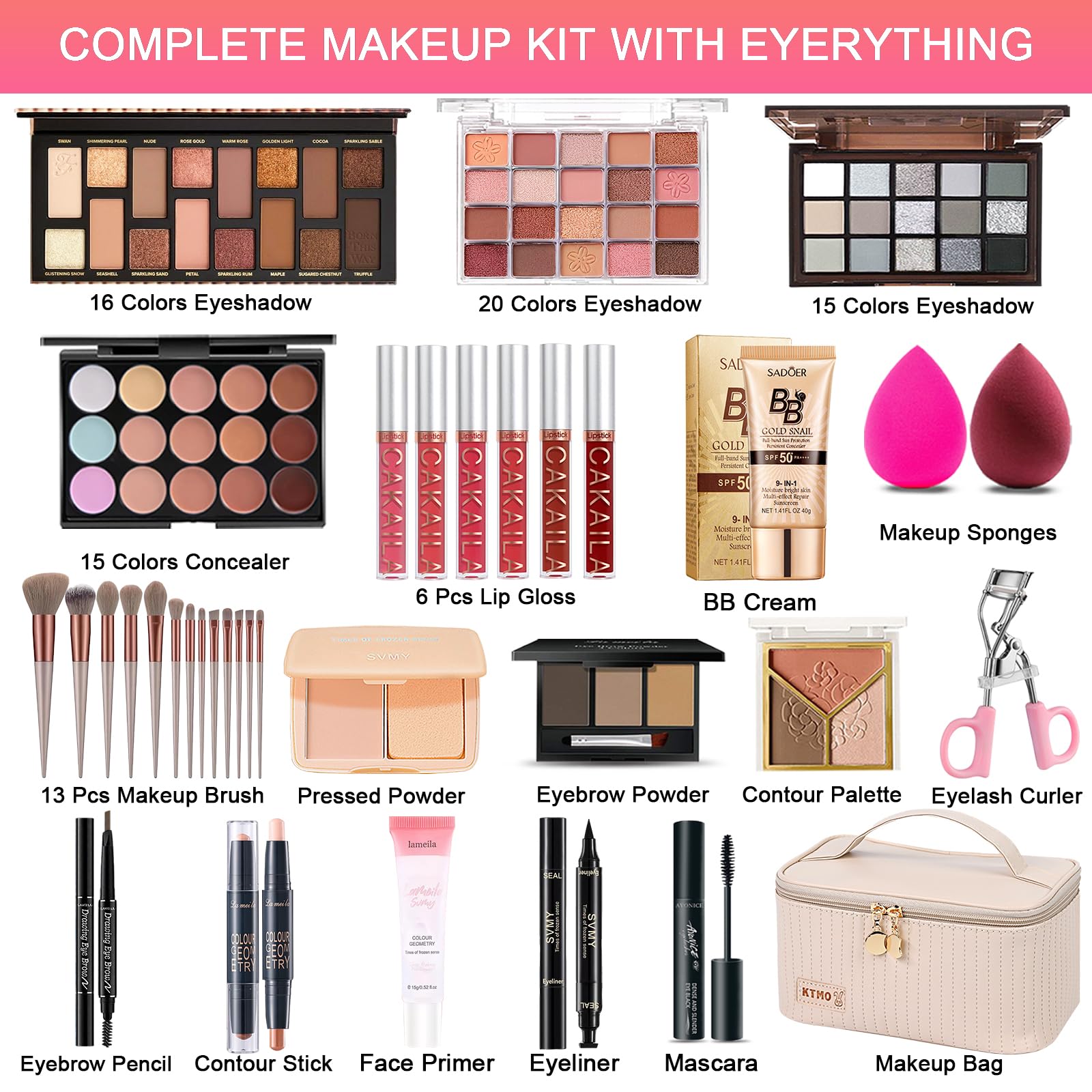 All in One Makeup Kit, Makeup Kit for Women Full Kit, Travel Make Up Gift Set for Women, Teens & Girls, Includes Eyeshadow Lipstick Eyeliner Eyebrow Pencil Brush Set, Beginners and Professionals Alike