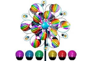 VISFLAIR Solar Wind Spinner, 58.2 Inch Metal Stake Yard Spinners,Solar Powered Multi-Color LED Glass Ball with Kinetic Wind Sculpture Spinner Windmills for Outdoor Lawn & Garden Decoration -Hot Air Balloon