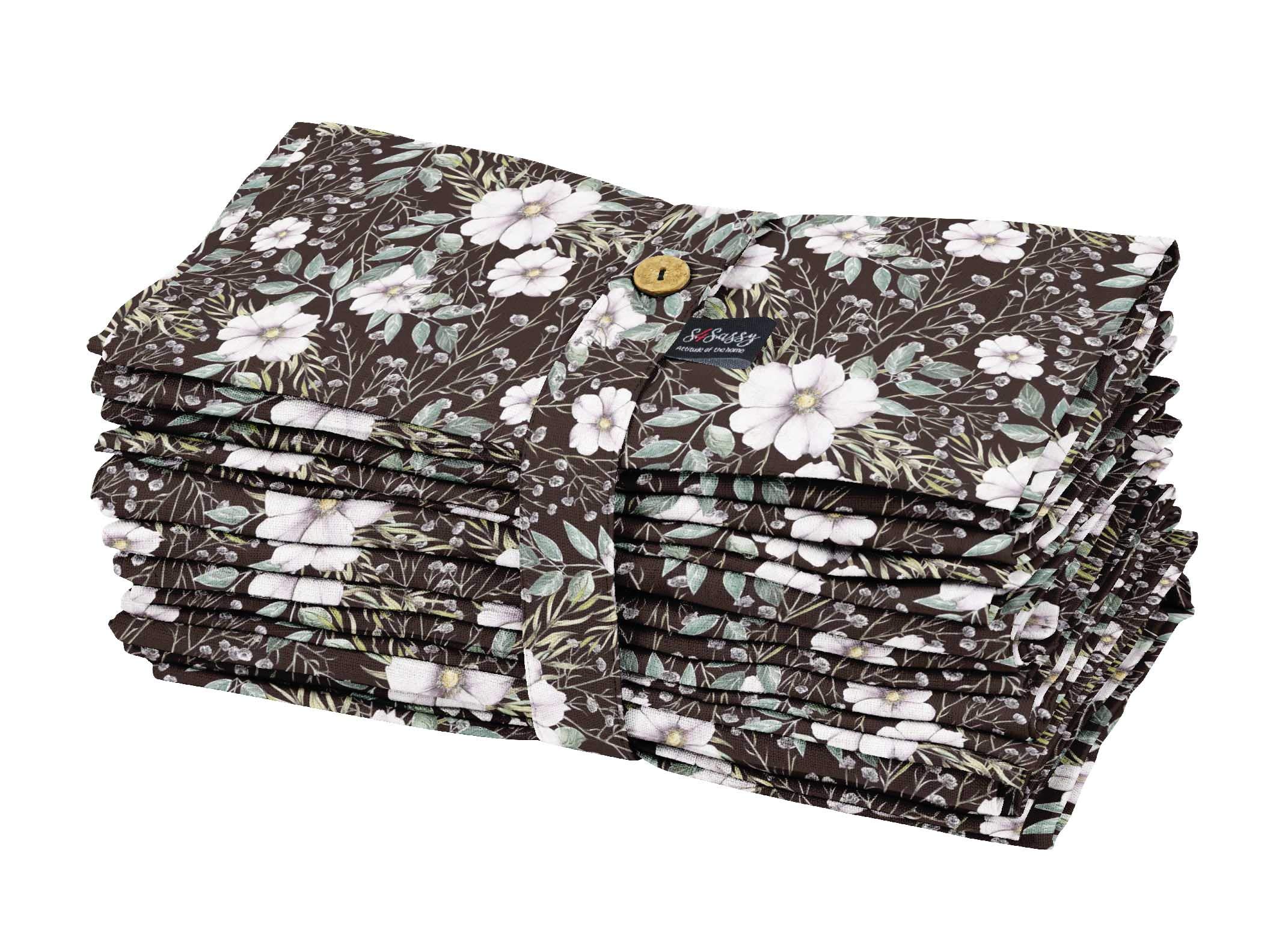 S4Sassy Brown Leaves & Primrose Floral Tea Napkins Pack of 12 Dinner Napkins Printed Holiday Tablecloth Kitchen Napkins 18 x 18 Inches