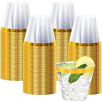 100 Pcs Gold Plastic Cups,9Oz Gold Rimmed Plastic Cups,Heavy Duty Gold Rim Clear Disposable Plasitc Cocktail Tumblers Wine Cu