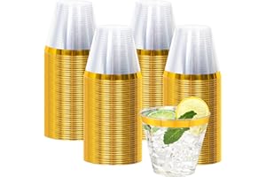 100 Pcs Gold Plastic Cups,9Oz Gold Rimmed Plastic Cups,Heavy Duty Gold Rim Clear Disposable Plasitc Cocktail Tumblers Wine Cu