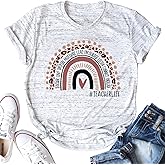 Women Teacher Life Shirt Rainbow Leopard Graphic Tee Kindergarten Teachers Gift T Shirt Inspirational Tops