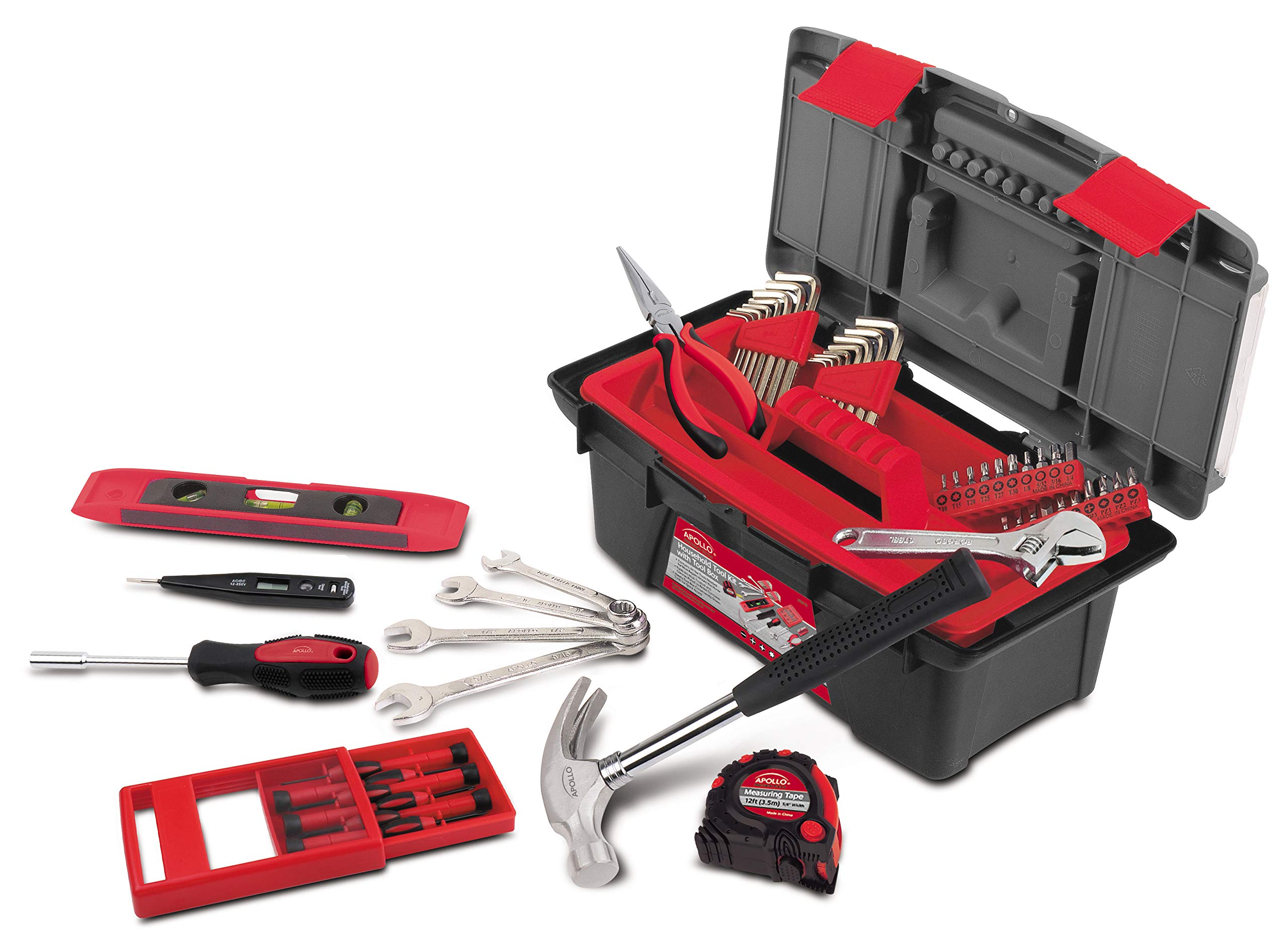 Apollo Tools 53 Piece Household Tool Set Includes Tools and Tool Box with a Selection of Most Needed Tools for Basic DIY Repairs, Maintenance and Crafts - Red