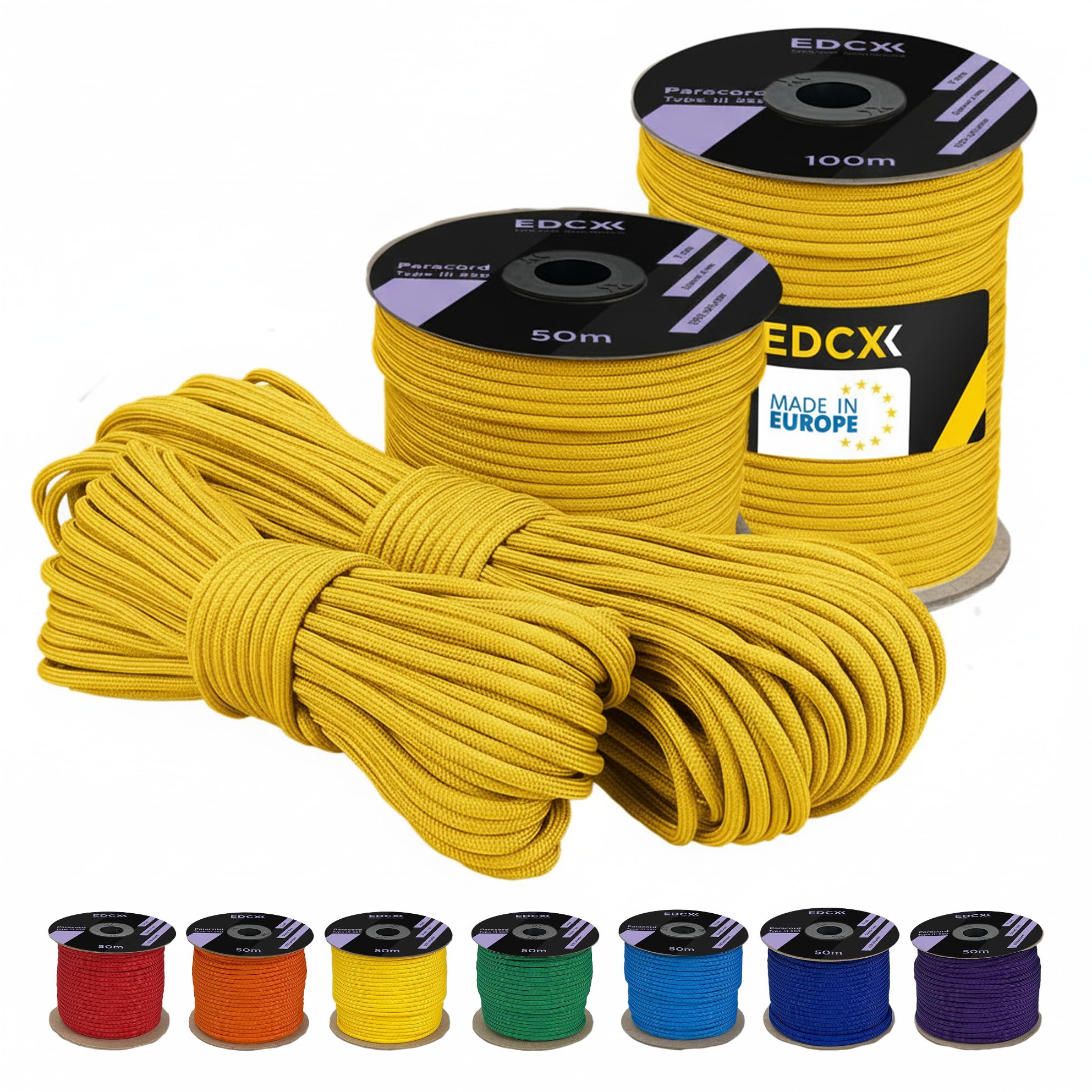 EDCX 4 mm Polyester Paracord 550 (15, 30 and 50 m) – 4 mm Type III, Tear-Resistant Parachute Cord for Survival Made of 100% Polyester with 7 Wires | Solid Colours (Bright Yellow, 50 m)
