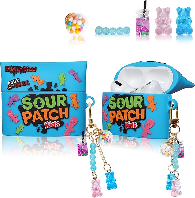 Amazon Wowchic Airpod Pro用ケース かわいい漫画の3dデザイン ファッション カワイイエアポッドカバー クールで楽しい 面白い食べ物 ユニークなソフトシリコン保護 ガールズ レディース ボーイズ Airpods Pro 3用ケース ブルーキャンディキッズチェーン Wowchic