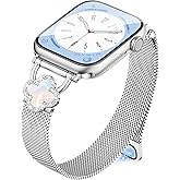 Melyis Magnetic Clover Band Fits Apple Watch Bands for Women 42mm 41mm 40mm 38m, Milanese Stainless Steel iWatch bands, Dressy Mesh Band for Apple Watch Band Series 10 9 8 7 6 5 4 3 2 SE-Sliver