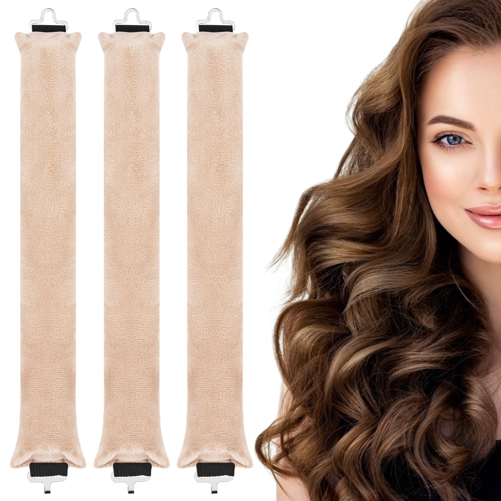 3 Pcs Heatless Curlers, Heatless Curls Hair Rollers for Long Hair, No Heat Overnight Curlers Blowout Rods Soft Satin Sleeping Lazy Curler (Beige)