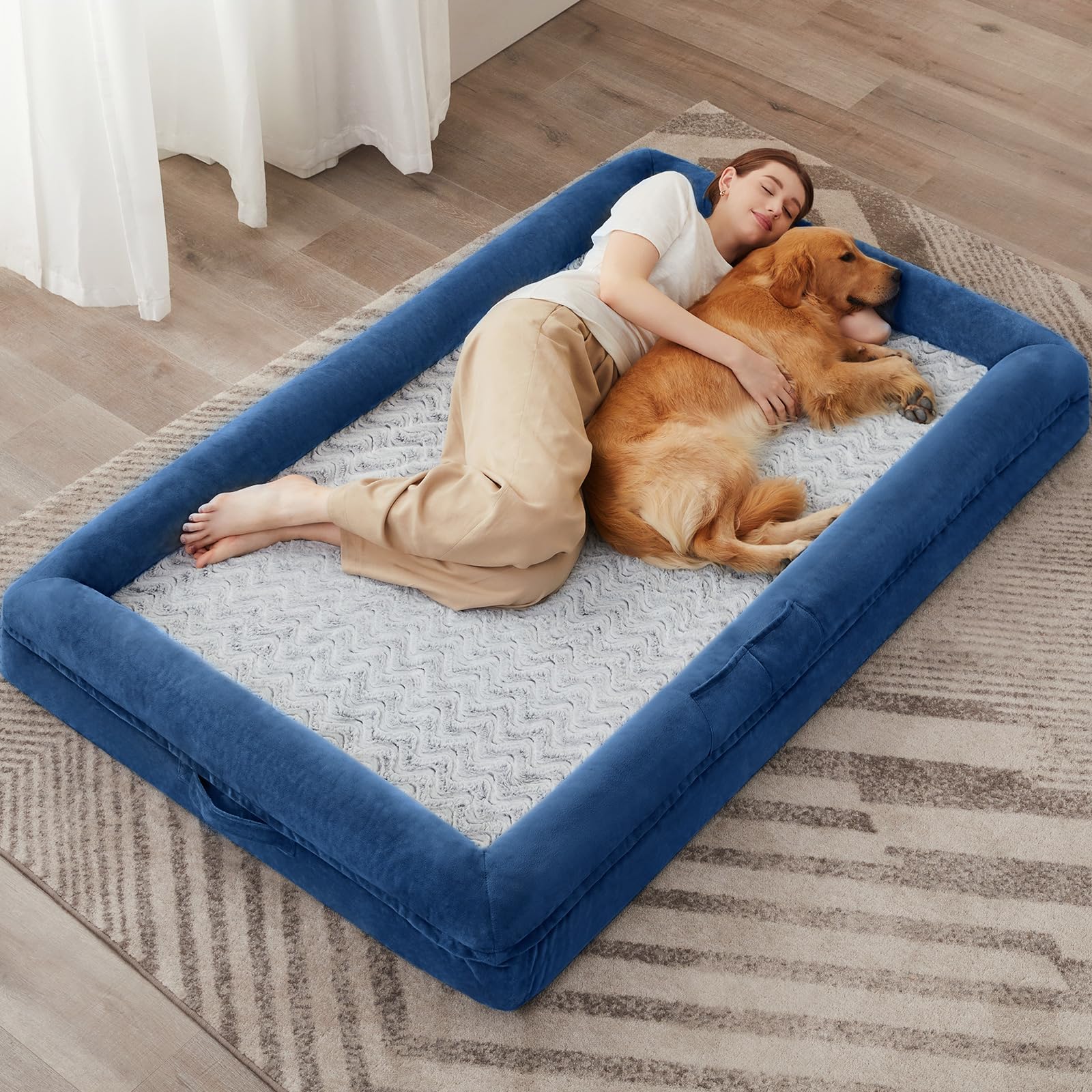 WNPETHOME Human Dog Bed for Adult, Washable Dog Couch with Removable Waterproof Cover, Orthopedic Large Pet Sofa Bed with Bolster Sides for Sleeping Image