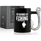 Onebttl Fishing Gifts for Men, Fishing Hook Coffee Mug, 13.5oz/400ml Funny Ceramic Mug for Christmas, Father's Day, I'd Rather Be