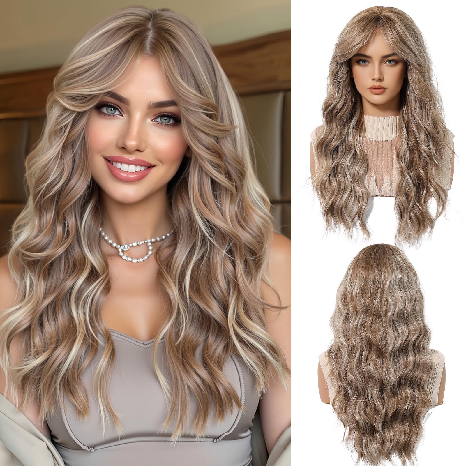 OUFEI Blonde mixed Light Brown Long Wavy Wig for Women with Curtain Bangs Natural Curly Synthetic Hair Heat Resistant Wigs for Daily Party Cosplay Wear — image 1