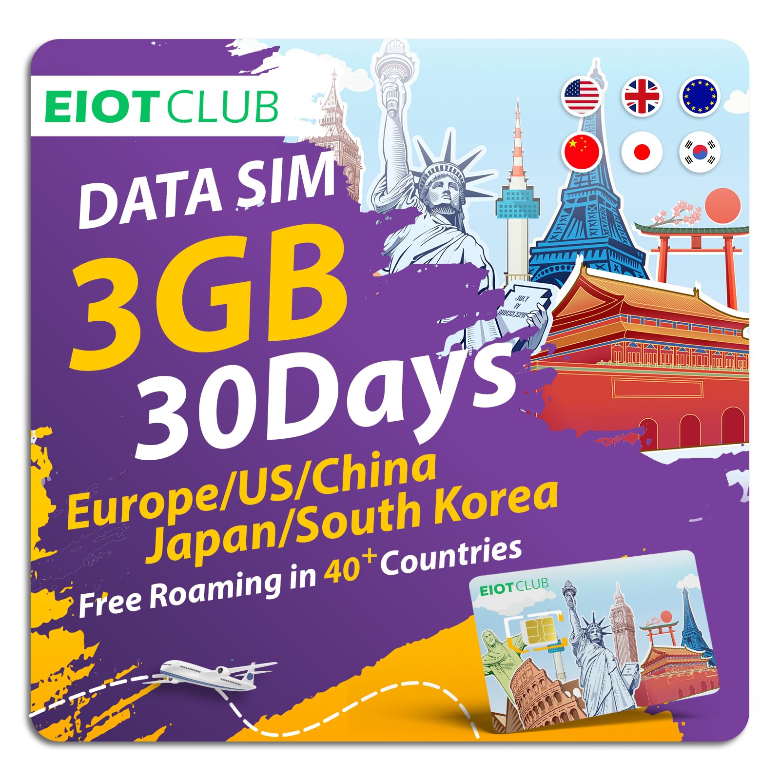 EIOTCLUB Prepaid Europe SIM Card, 3GB/30Days SIM Card, Use in China/Japan/South Korea/The US & 37 European Countries, 5G/4G High Speed Data Card (No Activation & Roaming Fees Required)