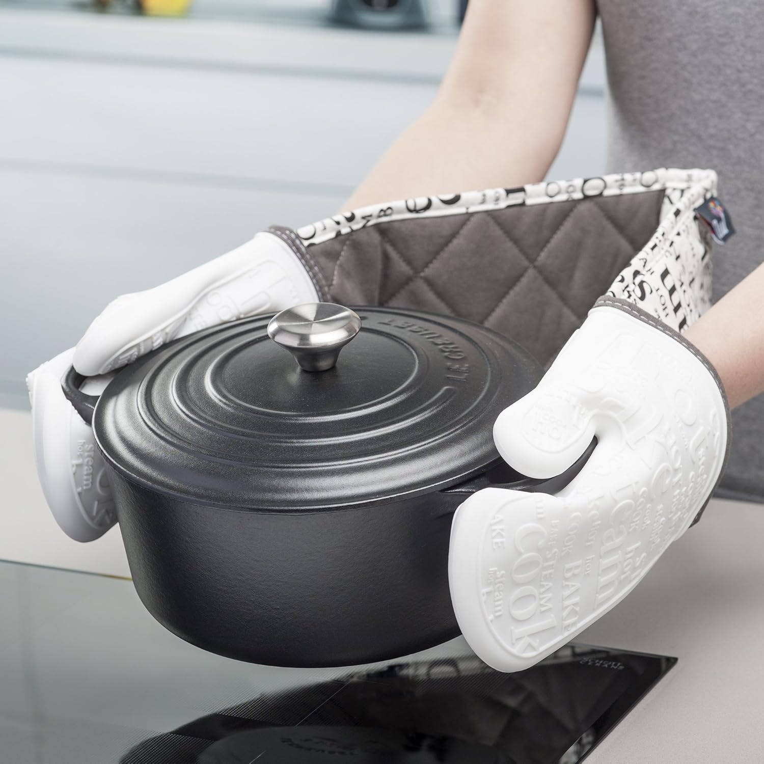 Zeal Silicone Heavy Duty Double Oven Gloves Mitts White (94 cm Long) Script BigaMart