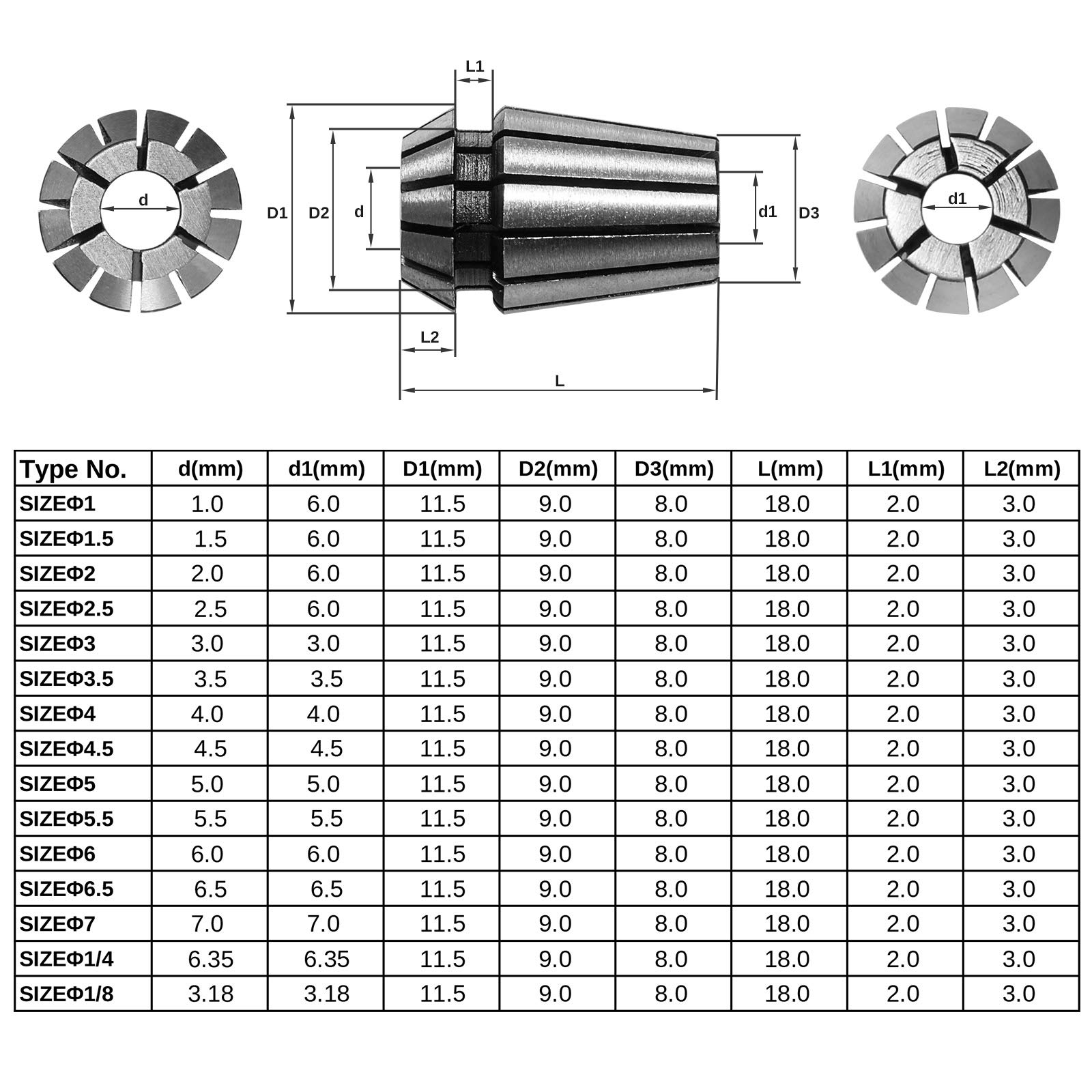 15PCS ER11 Precision Spring Collet Set for CNC Engraving Milling Lathe Chuck Tool, 1.0mm-7.0mm & 1/4