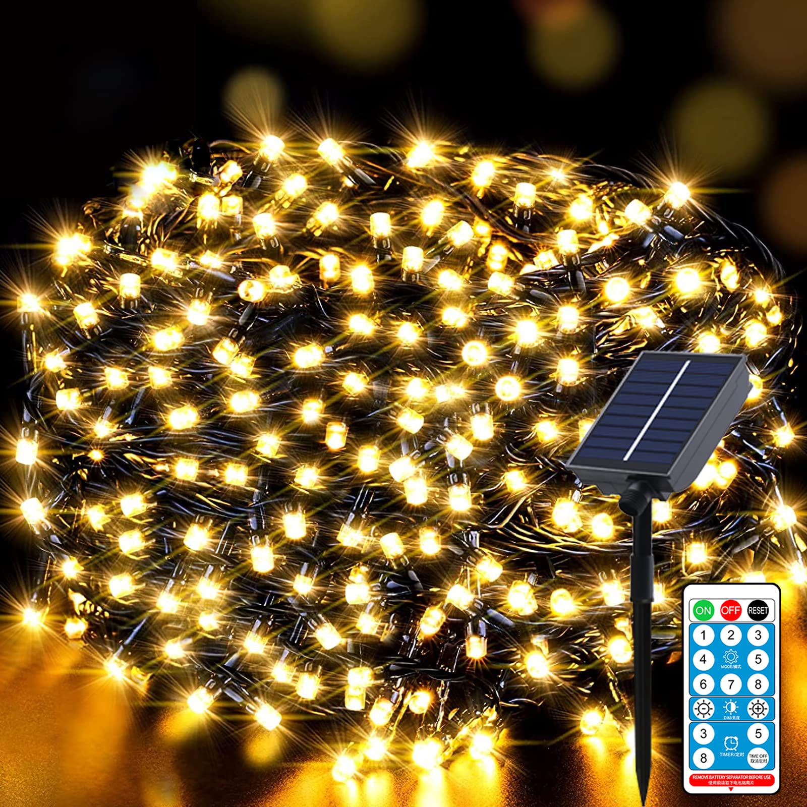 Solar Fairy Lights Outdoor 10m, 100 LEDs Christmas Lights With 8 Modes, Timer, Remote Control - Weatherproof for Garden, Balcony, Wedding, Warm White