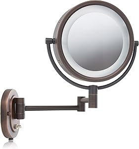 Jerdon HL65BZ 8-Inch Lighted Wall Mount Makeup Mirror with 5x Magnification, Bronze Finish