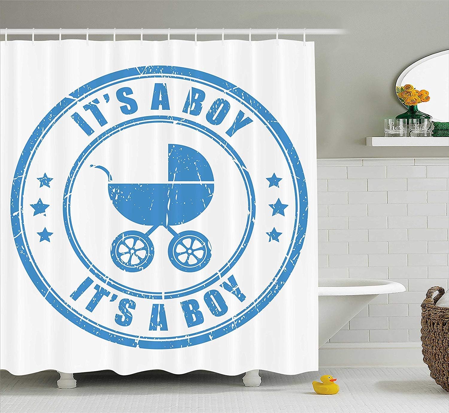 Gender Reveal Decorations Shower Curtain Old Fashion It S A Boy Quote With Grunge Effects And Carriage Fabric Bathroom Decor Set With Hooks Violet Blue 66x72 Inches Amazon Co Uk Kitchen Home