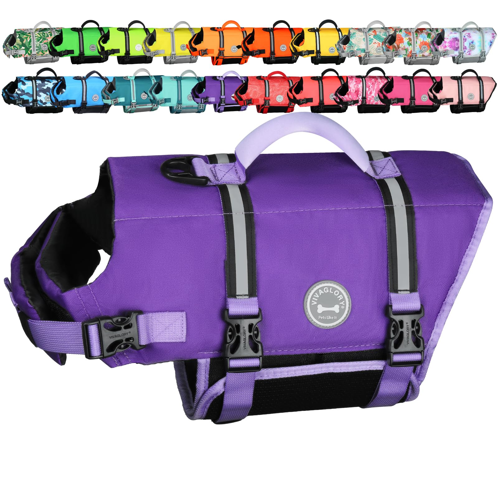 VIVAGLORY Rip Stop Dog Life Jacket, Buoyancy Aid with Handle, Buoyancy for Doggy, Dog Life Jacket for Swimming & Boating, XS, Purple