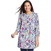 Woman Within Plus Size Perfect Printed Three-Quarter Sleeve Crewneck Tunic