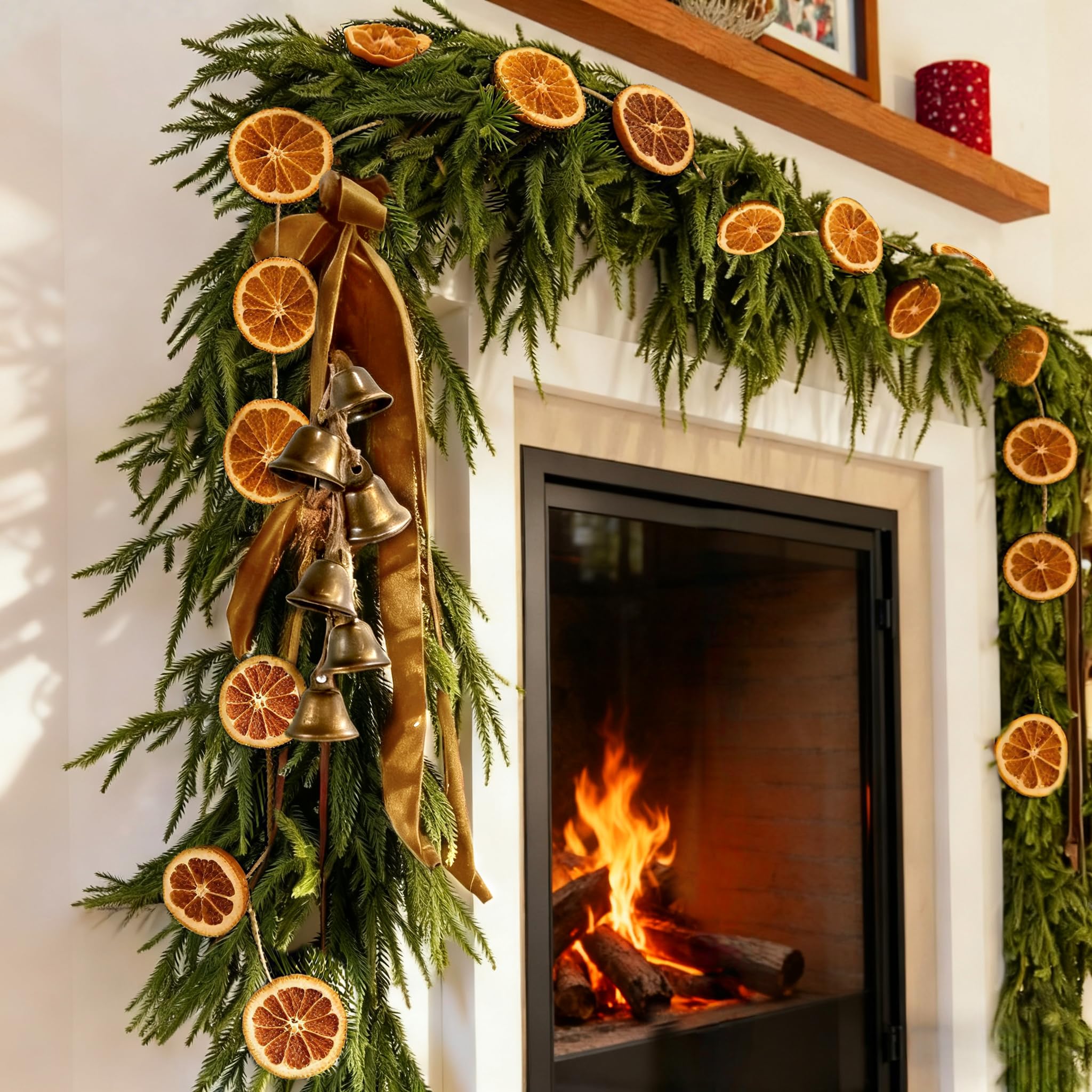 View 1 of 12FT Christmas Real Touch Norfolk Pine Garland with Bells & Bows,13FT Dried Orange Garland Combo – Lush Real Feel Faux Cedar for Mantle,Fireplace,Table,or Stairs Decor