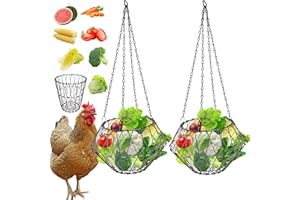 GHWMYD Hanging Chicken Feeder, Foldable 6.5inches Large Poultry Vegetable Fruits Feeder Basket with 17inches Hanging Chain, Veggie Treat Ball Boredom Toys for Chicken/Hens/Duck/Rabbit Coop, 2 Pack