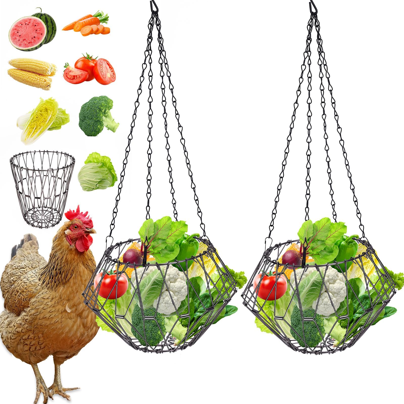 GHWMYD Chicken Feeder, 2 Pack Foldable 6.5 Inch Large Poultry Vegetable Fruit Rack Basket with 17 Inch Hanging Chain, Adjustable Chicken/Duck/Rabbit/Goose Vegetable Skewers Toy
