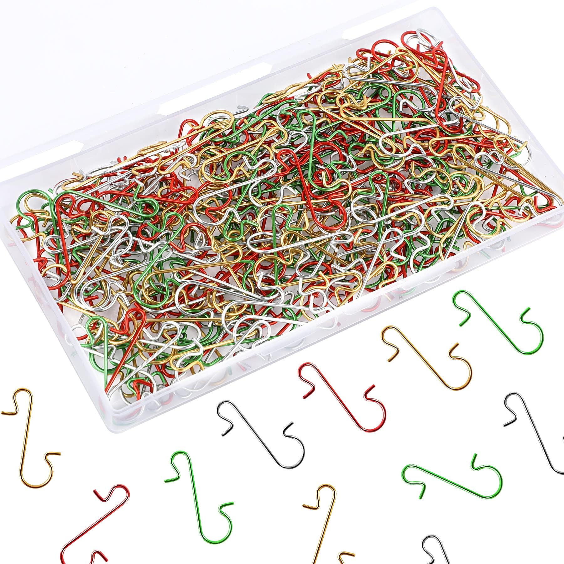 SEPGLITTER 240Pcs Christmas Ornament Hooks Metal Wire Hooks S-Shaped Hangers with Storage Box for Hanging Christmas Ball Christmas Tree Bauble Hooks(Gold, Silver, Red and Green)