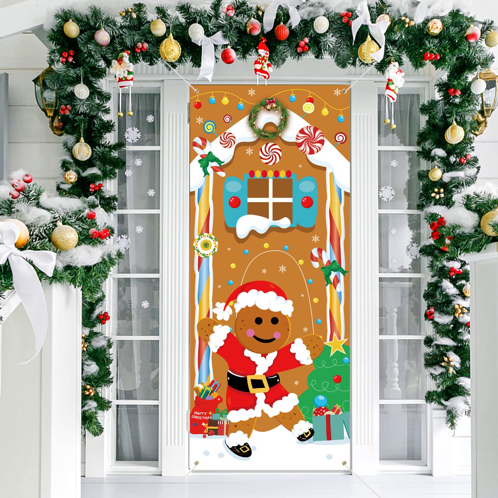 DPKOW Funny Gingerbread Man House Banner Decoration for Christmas Poster Wall Outdoor, Gingerbread Door Banner Backdrop Decoration Christmas, 183 * 76 cm, Fabric — image 1