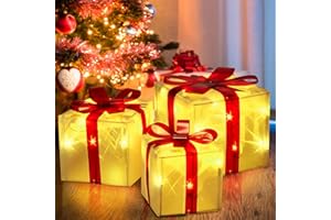Christmas Lighted Gift Boxes, Set of 3 Pre-lit LED Light Up Present Boxes Ornament Set Christmas Decorations for Home Indoor Xmas Tree Decor, Holiday Party Warm White Lights, Housen Solutions
