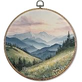 Sufamb Nature Mountain Round Wall Art Decor, Cottagecore Wildflower Landscape Canvas Artwork Framed, Rustic Forest Wall Hanging Prints Decorations for Bedroom Living Room Home Decor, 10x10 Inches