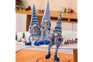 unanscre Blue Christmas Gnomes Plush Elf Decoration - 3PCS Handmade Xmas Long Dangle Leg Winter Gnomes Hold Snowflake Candy Cane Gift Box Swedish Santa Dolls for Home Table Ornament, Tiered Tray Decor