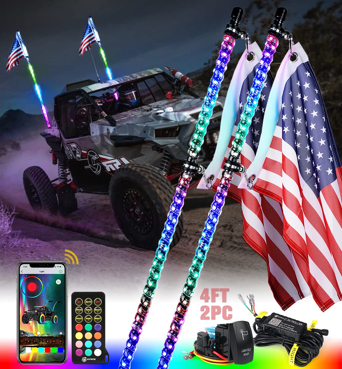 Xprite 4FT 2PCS RGBW LED Whip Light, Remote & App Control DIY Chasing Pattern w/Stop Turn Reverse Brake Lights Safety Antenna Lighted Whips for ATV UTV Polaris RZR Can-am Dune Jeep, 2 Year Warranty