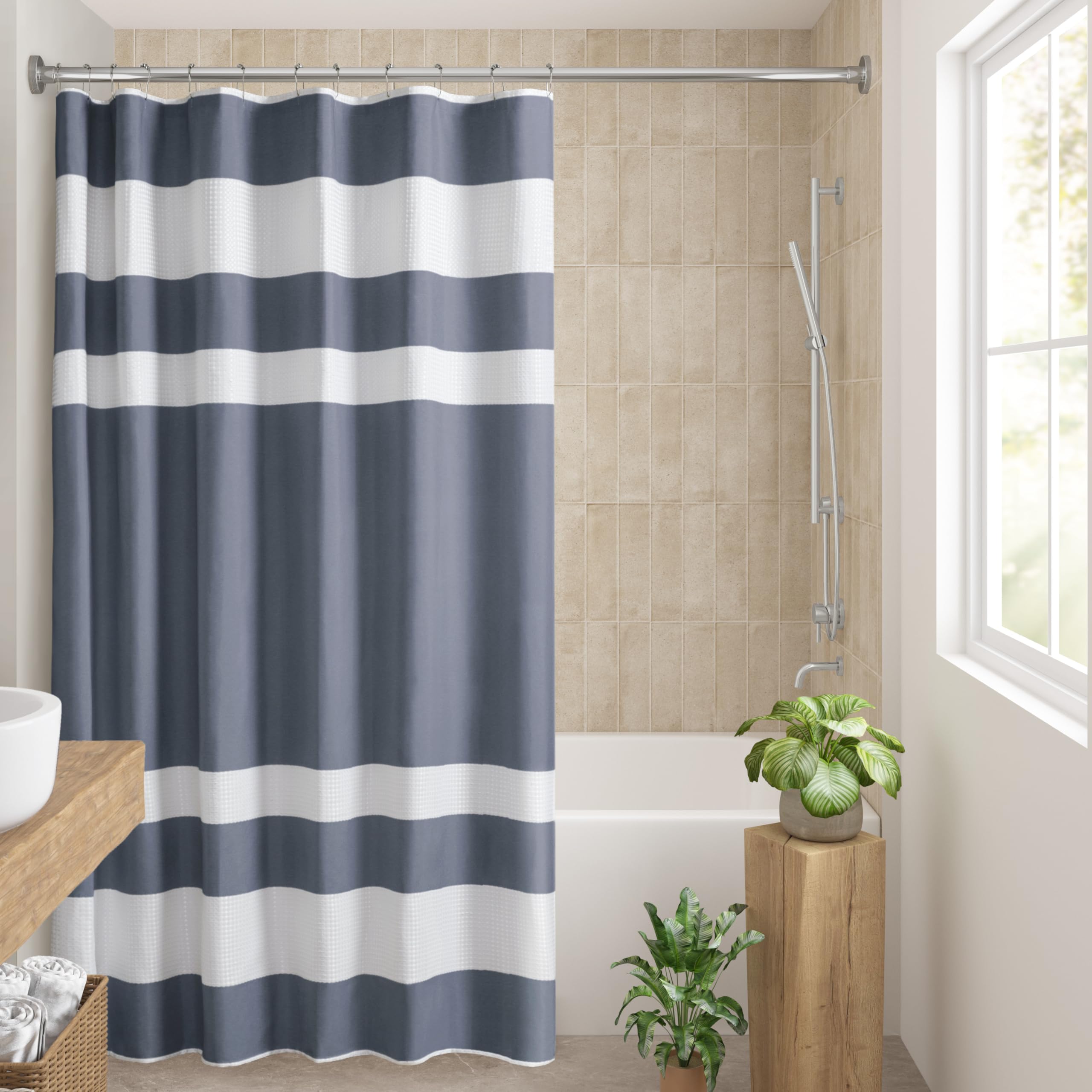 Madison Park Shower Curtain Spa Waffle Weave Long Shower Curtain for Bathroom 3M Scotchgard Moisture Management, Spa Quality Modern Shower Curtains for Bathroom, Long: 72x78 Indigo Blue Image
