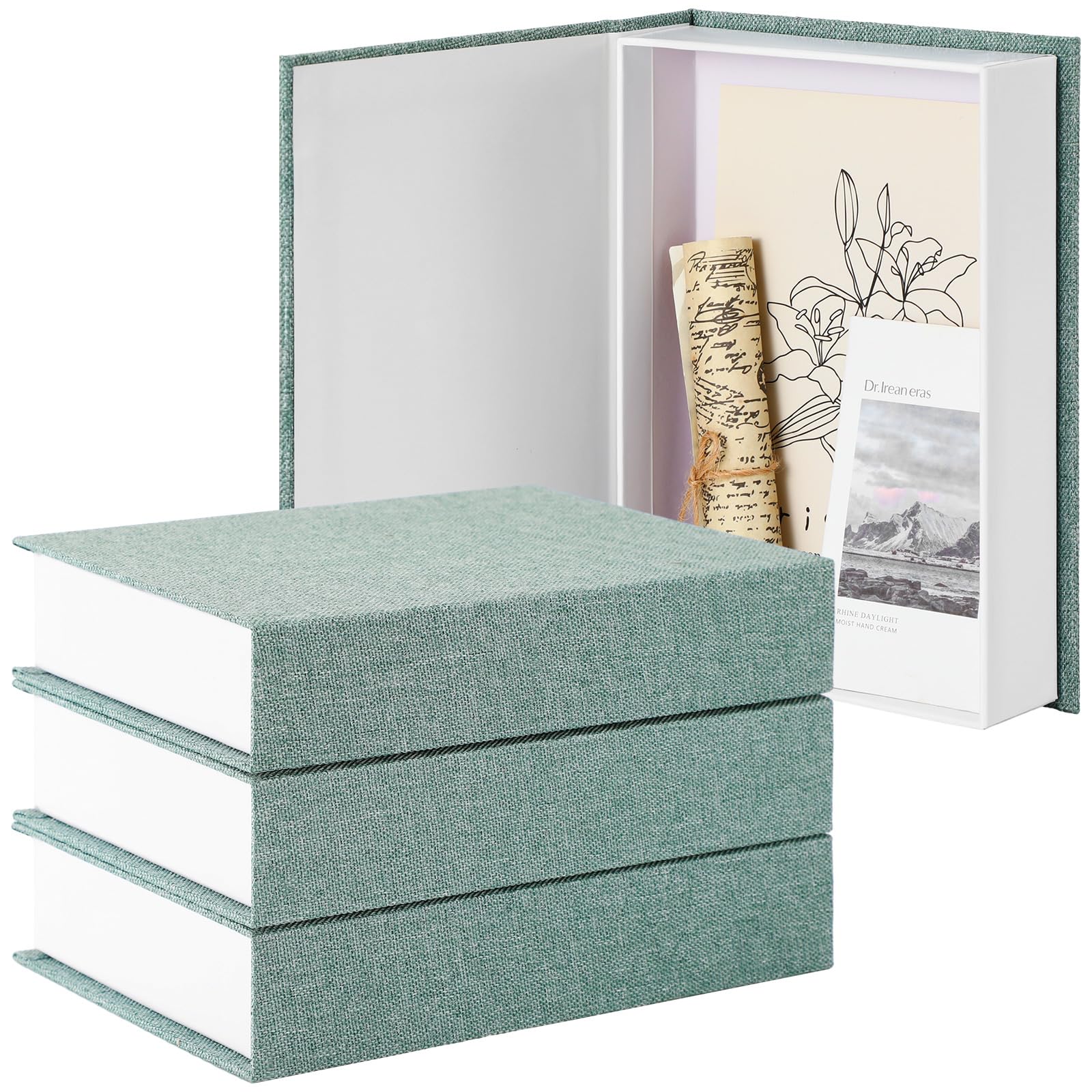 Tioncy 3 Pcs Decorative Book Box - Modern Fake Books, Linen Faux for Bookshelf & Coffee Table - DIY Crafts (Green, 8.6 x 6.1 x 1.8 Inch)